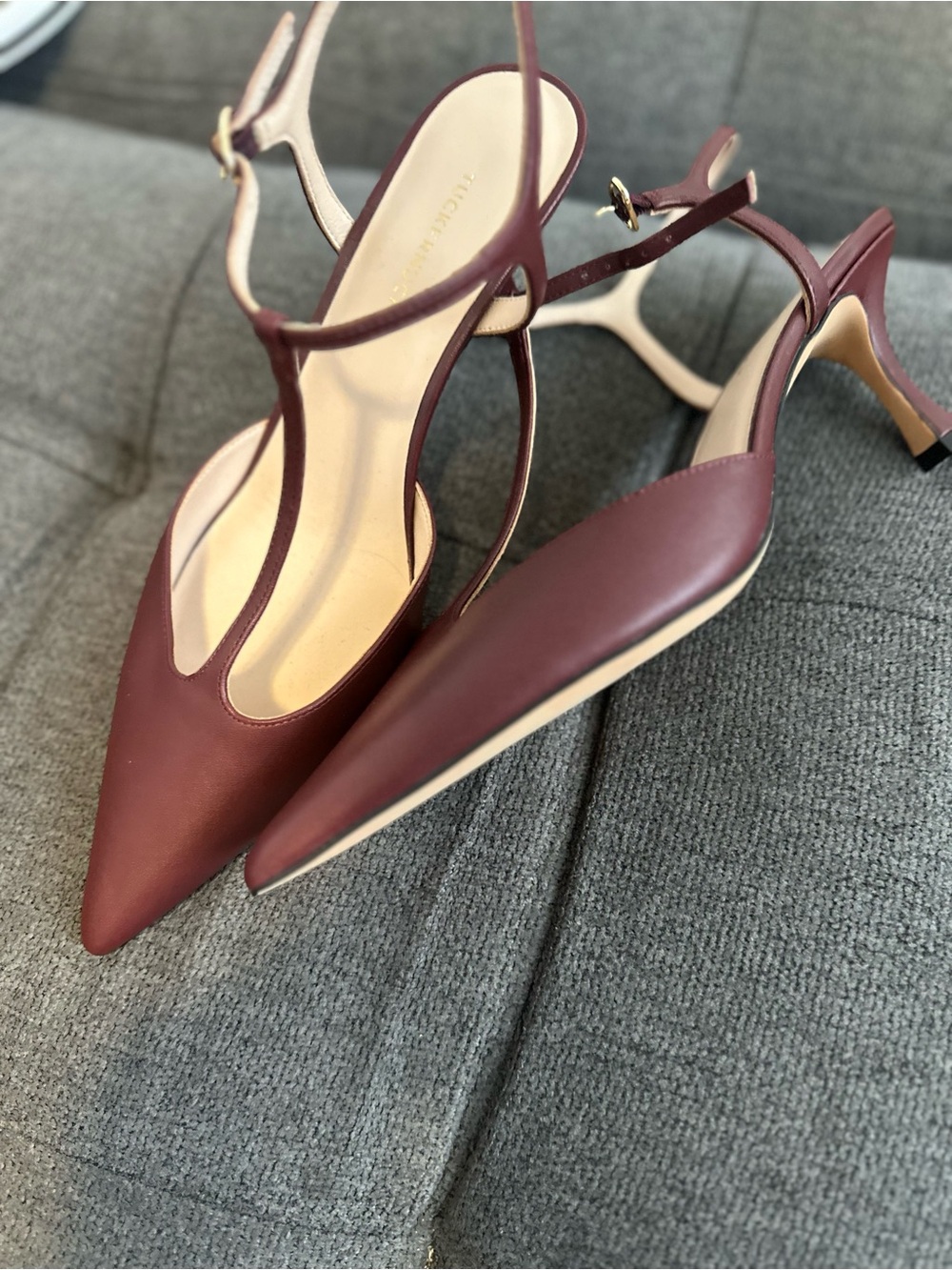 Tuckernuck Burgundy Pointed-Toe T-Strap Slingback Heels - Picture 3 of 5